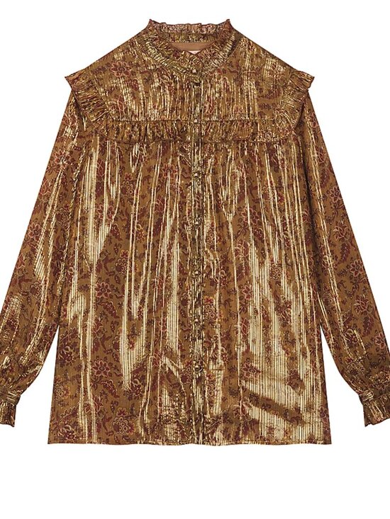 Louise Misha Tops - Louise Misha Metallic Olive Gold Floral Ruffle Button-Down Blouse